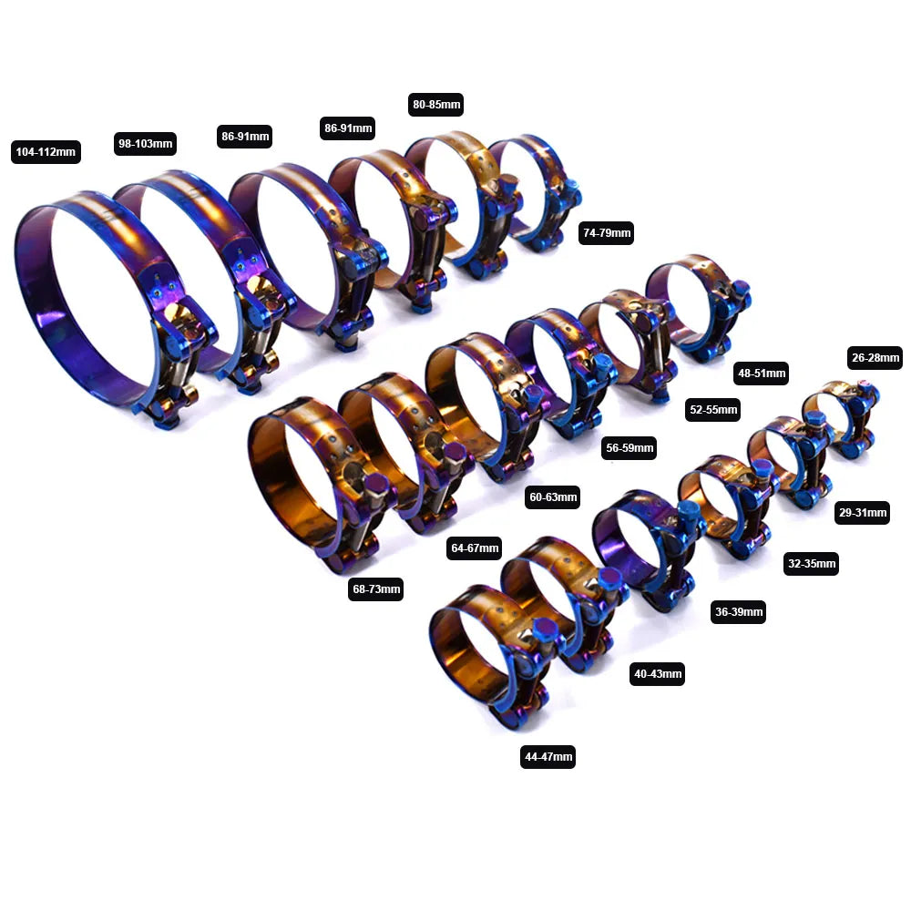 26mm to 114mm T Bolt Clamp Stainless Steel Hose Clamp Kit Adjustable Titanium Blue Hose Clamps 304 Stainless Steel Hose Clips,