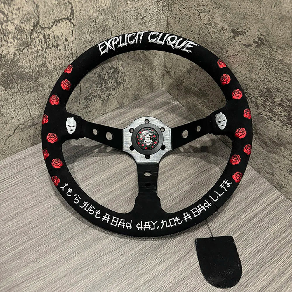 JDM Universal 350mm 14 inches deep dish rose embroidery craftsmanship style unique suede car steering wheel game steering wheel