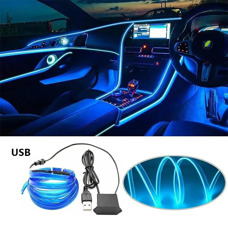 Car Interior Decorative Lamps EL Wiring Neon Strips For Auto DIY Dash Board Consol Ambient Light USB Atmosphere Lamp 1M/3M/5M