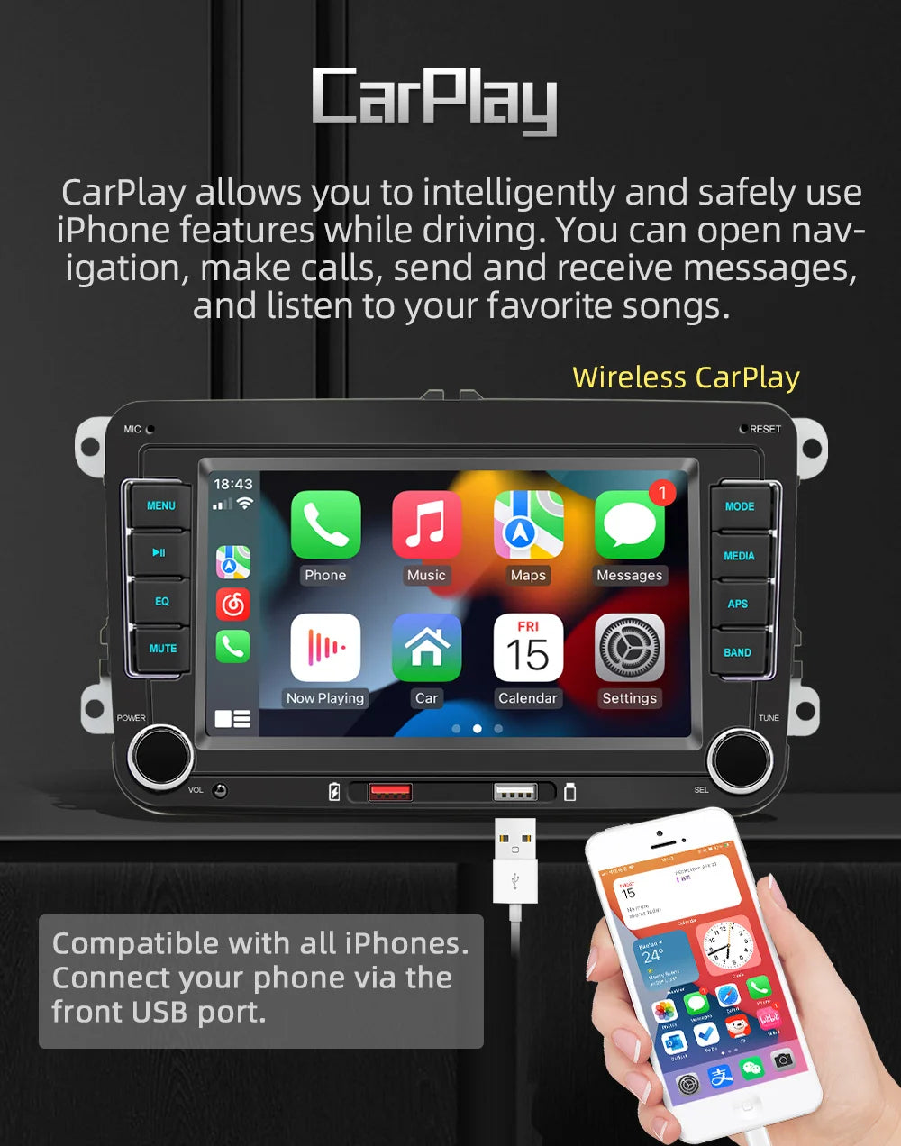 7" 2 Din HD Car Media Video RDS Airplay Car Radio Wireless CarPlay Android Auto Stereo Audio For VW/Seat/Skoda/Passat/Golf/Polo