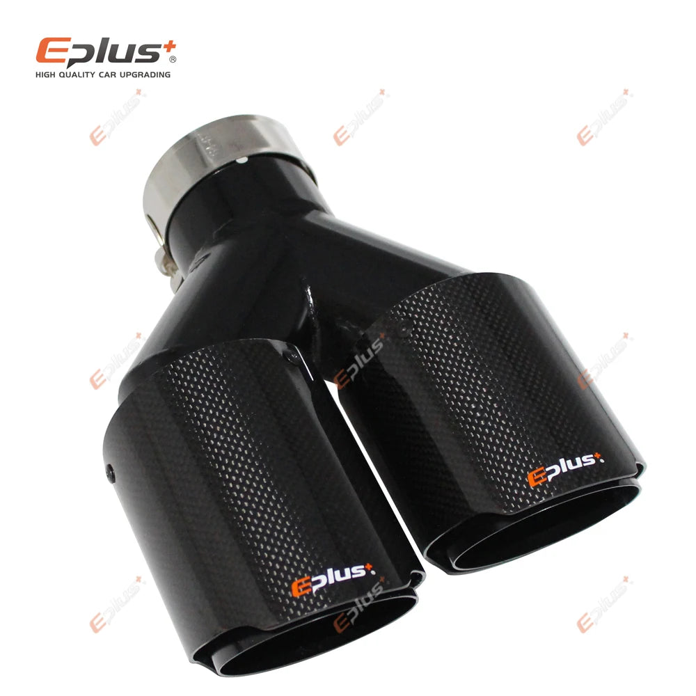 EPLUS Car Carbon Fiber Glossy Muffler Tip Y Shape Double Exit Exhaust Pipe Mufflers Nozzle Decoration Universal Stainless Black