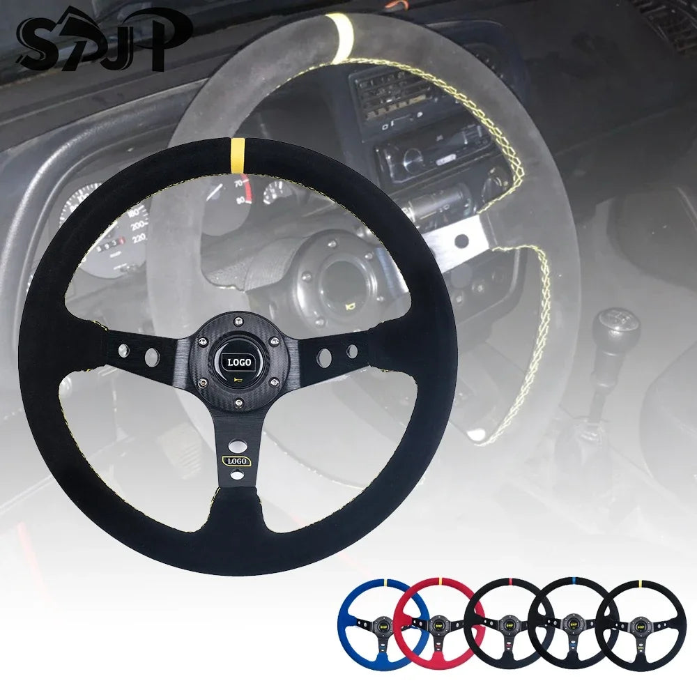 Universal 14 inch 350mm Suede/PVC Car Accessories Racing Steering wheels Deep Corn Drifting Sport Auto Steering Wheel With Logo