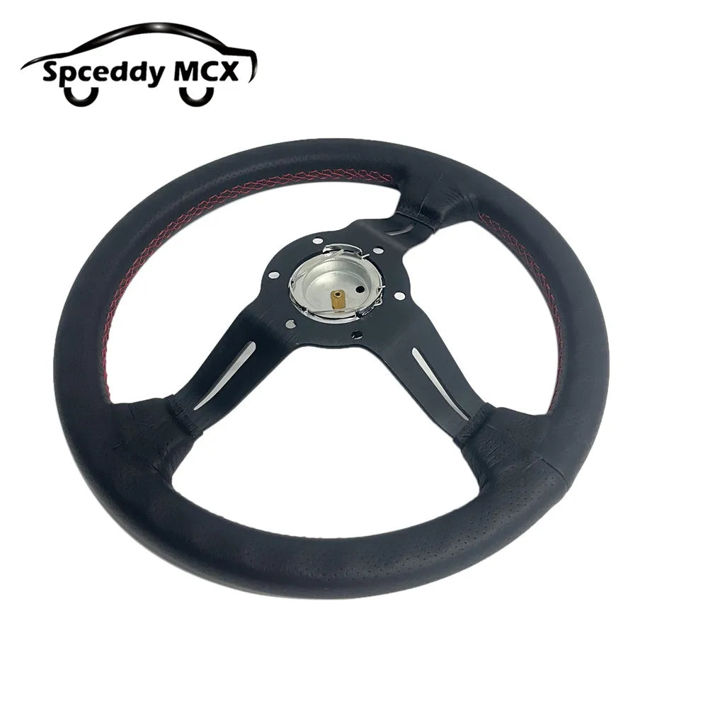 Universal 13inch 325mm Aluminum Spoke Leather Auto Racing Steering Wheel Deep Corn Drifting Sport Steering Wheel Red Line